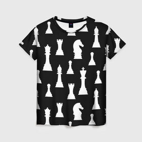 Женская футболка 3D с принтом Белые шахматные фигуры в Курске, 100% полиэфир ( синтетическое хлопкоподобное полотно) | прямой крой, круглый вырез горловины, длина до линии бедер | checkmate | chess | chess board | chess game | chess pieces | chess player | chessboard | gambit | game | king | pawn | queen | гамбит | игра | король | мат | партия | ферзь | фигуры | шахматист | шахматы