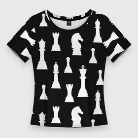 Женская футболка 3D Slim с принтом Белые шахматные фигуры в Курске,  |  | checkmate | chess | chess board | chess game | chess pieces | chess player | chessboard | gambit | game | king | pawn | queen | гамбит | игра | король | мат | партия | ферзь | фигуры | шахматист | шахматы