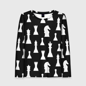 Женский лонгслив 3D с принтом Белые шахматные фигуры в Курске, 100% полиэстер | длинные рукава, круглый вырез горловины, полуприлегающий силуэт | checkmate | chess | chess board | chess game | chess pieces | chess player | chessboard | gambit | game | king | pawn | queen | гамбит | игра | король | мат | партия | ферзь | фигуры | шахматист | шахматы
