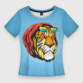 Женская футболка 3D Slim с принтом Крутой тигр в шапке и очках в Курске,  |  | Тематика изображения на принте: furry | low poly | tiger | восточный тигр | год тигра | голова | кошка | лоу поли | тигр | тигренок | фурри | хищник