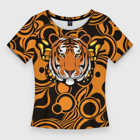 Женская футболка 3D Slim с принтом Голова тигра с бабочкой в Курске,  |  | 2022 | бабочка | год тигра | символ года | тигр | тигровый раскрас