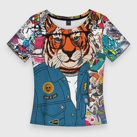 Женская футболка 3D Slim с принтом Стикербомбинг с тигром в Курске,  |  | кошка | символ | стикер | тигр | хищник