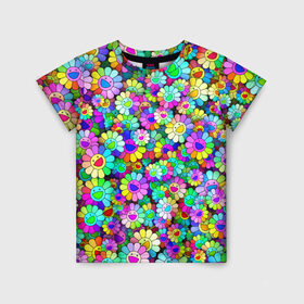 Детская футболка 3D с принтом Rainbow flowers в Курске, 100% гипоаллергенный полиэфир | прямой крой, круглый вырез горловины, длина до линии бедер, чуть спущенное плечо, ткань немного тянется | takashi murakami | паттерн | радуга | смайл | такаси мураками | улыбка | цветы