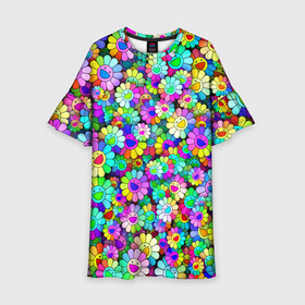 Детское платье 3D с принтом Rainbow flowers в Курске, 100% полиэстер | прямой силуэт, чуть расширенный к низу. Круглая горловина, на рукавах — воланы | Тематика изображения на принте: takashi murakami | паттерн | радуга | смайл | такаси мураками | улыбка | цветы