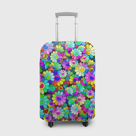 Чехол для чемодана 3D с принтом Rainbow flowers в Курске, 86% полиэфир, 14% спандекс | двустороннее нанесение принта, прорези для ручек и колес | takashi murakami | паттерн | радуга | смайл | такаси мураками | улыбка | цветы
