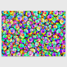 Поздравительная открытка с принтом Rainbow flowers в Курске, 100% бумага | плотность бумаги 280 г/м2, матовая, на обратной стороне линовка и место для марки
 | takashi murakami | паттерн | радуга | смайл | такаси мураками | улыбка | цветы