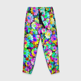Детские брюки 3D с принтом Rainbow flowers в Курске, 100% полиэстер | манжеты по низу, эластичный пояс регулируется шнурком, по бокам два кармана без застежек, внутренняя часть кармана из мелкой сетки | takashi murakami | паттерн | радуга | смайл | такаси мураками | улыбка | цветы