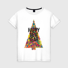 Женская футболка хлопок с принтом Счастливого Нового Года) в Курске, 100% хлопок | прямой крой, круглый вырез горловины, длина до линии бедер, слегка спущенное плечо | 2022 | абстракция | елка | новый год | подарки