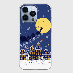 Чехол для iPhone 13 Pro с принтом Санта Клаус на оленях в небе в Курске,  |  | big moon | christmas | city | fly | houses | in the night sky | light in the windows | new year | reindeer | santa claus | большая луна | в ночном небе | город | дома | летят | новый год | олени | рождество | санта клаус