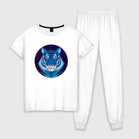 Женская пижама хлопок с принтом Голубой водяной тигр символ 2022 года в Курске, 100% хлопок | брюки и футболка прямого кроя, без карманов, на брюках мягкая резинка на поясе и по низу штанин | 2022 | водяной | год | гороскоп | китайский | символ | талисман | тигр