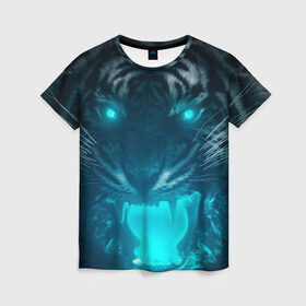 Женская футболка 3D с принтом Неоновый водяной тигр 2022 в Курске, 100% полиэфир ( синтетическое хлопкоподобное полотно) | прямой крой, круглый вырез горловины, длина до линии бедер | 2022 | водяной тигр | неон | новый год | тигр