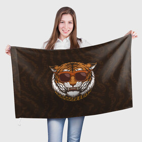 Флаг 3D с принтом Крутой тигр в очках с цепью в Курске, 100% полиэстер | плотность ткани — 95 г/м2, размер — 67 х 109 см. Принт наносится с одной стороны | furry | tiger | восточный тигр | год тигра | голова | кошка | тигр | тигренок | фурри | хищник