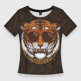 Женская футболка 3D Slim с принтом Крутой тигр в очках с цепью в Курске,  |  | furry | tiger | восточный тигр | год тигра | голова | кошка | тигр | тигренок | фурри | хищник