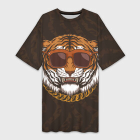 Платье-футболка 3D с принтом Крутой тигр в очках с цепью в Курске,  |  | furry | tiger | восточный тигр | год тигра | голова | кошка | тигр | тигренок | фурри | хищник
