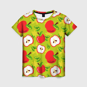 Женская футболка 3D с принтом Яблочки паттерн в Курске, 100% полиэфир ( синтетическое хлопкоподобное полотно) | прямой крой, круглый вырез горловины, длина до линии бедер | apple | яблоки | яблоко | яблоня | яблочки