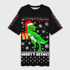 Платье-футболка 3D с принтом Санта Юрского Периода в Курске,  |  | christmas | dinosaur | merry t rexmas | new year | t rex | trex | динозавр | динозавр в шапочке | динозавр ти рекс | санта юрского периода | т рекс | тирекс | хищник