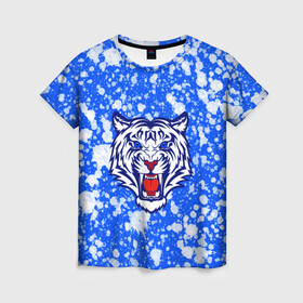 Женская футболка 3D с принтом БЕЛЫЙ ТИГР_2022 в Курске, 100% полиэфир ( синтетическое хлопкоподобное полотно) | прямой крой, круглый вырез горловины, длина до линии бедер | 2022 | белый тигр | большие кошки | год тигра | кляксы | новогодний | символ года | тигр | хищник