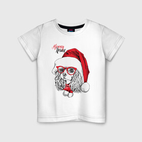 Детская футболка хлопок с принтом Happy Christmas американский кокер спаниель в Курске, 100% хлопок | круглый вырез горловины, полуприлегающий силуэт, длина до линии бедер | american | cap | christmas | cocker spaniel | happy christmas | knitted scarf | new year | purebred dog | red | santa claus | snowflakes | американский | вязаный шарф | кокер спаниель | колпак | красные | новый год | очки | породистая собака | р
