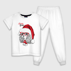 Детская пижама хлопок с принтом Happy Christmas американский кокер спаниель в Курске, 100% хлопок |  брюки и футболка прямого кроя, без карманов, на брюках мягкая резинка на поясе и по низу штанин
 | american | cap | christmas | cocker spaniel | happy christmas | knitted scarf | new year | purebred dog | red | santa claus | snowflakes | американский | вязаный шарф | кокер спаниель | колпак | красные | новый год | очки | породистая собака | р