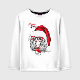 Детский лонгслив хлопок с принтом Happy Christmas американский кокер спаниель в Курске, 100% хлопок | круглый вырез горловины, полуприлегающий силуэт, длина до линии бедер | american | cap | christmas | cocker spaniel | happy christmas | knitted scarf | new year | purebred dog | red | santa claus | snowflakes | американский | вязаный шарф | кокер спаниель | колпак | красные | новый год | очки | породистая собака | р