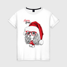 Женская футболка хлопок с принтом Happy Christmas американский кокер спаниель в Курске, 100% хлопок | прямой крой, круглый вырез горловины, длина до линии бедер, слегка спущенное плечо | american | cap | christmas | cocker spaniel | happy christmas | knitted scarf | new year | purebred dog | red | santa claus | snowflakes | американский | вязаный шарф | кокер спаниель | колпак | красные | новый год | очки | породистая собака | р