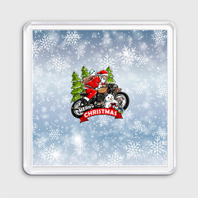 Магнит 55*55 с принтом Санта Байкер Santa on the motorbike в Курске, Пластик | Размер: 65*65 мм; Размер печати: 55*55 мм | bike | christmas | moto | santa | байк | дед мороз | елка | зима | мотоцикл | новый год | подарок | рождество | санта | снег | снеговик | снежинка