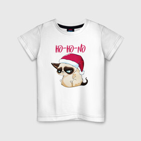 Детская футболка хлопок с принтом Ugly cat Ho Ho No в Курске, 100% хлопок | круглый вырез горловины, полуприлегающий силуэт, длина до линии бедер | 2022 | 2022 год | grumpy cat | happy new year | santa | год тигра | дед мороз | каникулы | мороз | новогодний свитер | новый год | новый год 2022 | новый год тигра | оливье | праздник | рождество | санта клаус