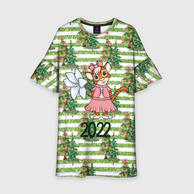 Детское платье 3D с принтом Милая тигрица с цветком в Курске, 100% полиэстер | прямой силуэт, чуть расширенный к низу. Круглая горловина, на рукавах — воланы | 2022 | год тигра | новый год | новый год 2022 | символ года | тигр | тигренок | тигрица | тигры