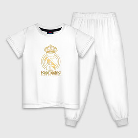 Детская пижама хлопок с принтом Real Madrid gold logo в Курске, 100% хлопок |  брюки и футболка прямого кроя, без карманов, на брюках мягкая резинка на поясе и по низу штанин
 | gold logo | madrid | rael madrid | real | spain | золотая эмблема | золотой логотип | испания | королевский клуб | ла лига | лига чемпионов | мадрид | реал | реал мадрид | сливочные | футбол | чемпионат испании