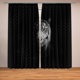 Фотошторы с принтом Тигр черно-белый соты в Курске, Блэкаут (светозащита 90%) / Габардин (светозащита 40% | 2 полотна шириной по 145 см; Высота 200-300 см; Крепление: шторная лента (на крючки); | tiger | восточный тигр | год тигра | кошка | тигр | тигренок | хищник