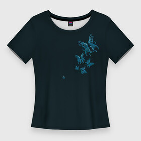 Женская футболка 3D Slim с принтом Стая неоновых бабочек в Курске,  |  | бабочки | красота | насекомые | натуралист | необычные принты | неон | ночное | природа | светящиеся