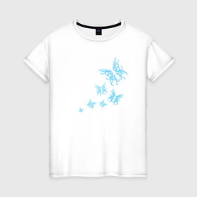 Женская футболка хлопок с принтом Неоновые бабочки Cotton Theme в Курске, 100% хлопок | прямой крой, круглый вырез горловины, длина до линии бедер, слегка спущенное плечо | бабочки | крылья | легкость | насековые | неон | ночные | полет | природа | светящиеся
