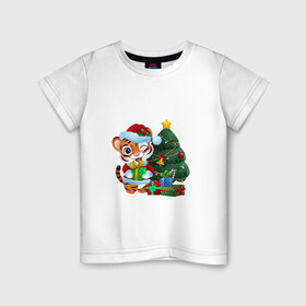 Детская футболка хлопок с принтом Тигрины подарки в Курске, 100% хлопок | круглый вырез горловины, полуприлегающий силуэт, длина до линии бедер | new year | арт | графика | елка | зима | новый год | рождество | тигр