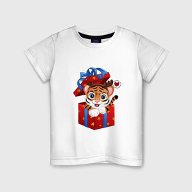 Детская футболка хлопок с принтом Тигрин сюрприз в Курске, 100% хлопок | круглый вырез горловины, полуприлегающий силуэт, длина до линии бедер | Тематика изображения на принте: new year | арт | графика | зима | новый год | подарок | рождество | тигр