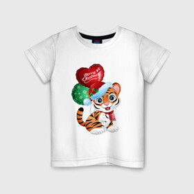 Детская футболка хлопок с принтом Тигрин шарик в Курске, 100% хлопок | круглый вырез горловины, полуприлегающий силуэт, длина до линии бедер | new year | арт | графика | зима | новый год | рождество