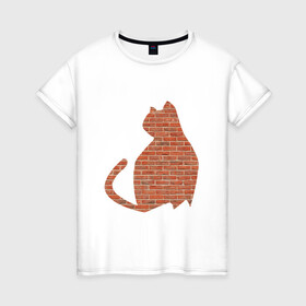 Женская футболка хлопок с принтом Кирпичный кот в Курске, 100% хлопок | прямой крой, круглый вырез горловины, длина до линии бедер, слегка спущенное плечо | домашнее животное | животное | кирпич | кот | кошка | питомец | силуэт | стена