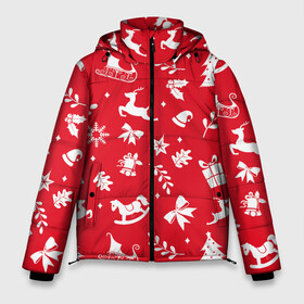 Мужская зимняя куртка 3D с принтом Паттерн новогодней атрибутики в Курске, верх — 100% полиэстер; подкладка — 100% полиэстер; утеплитель — 100% полиэстер | длина ниже бедра, свободный силуэт Оверсайз. Есть воротник-стойка, отстегивающийся капюшон и ветрозащитная планка. 

Боковые карманы с листочкой на кнопках и внутренний карман на молнии. | 2022 | newyear | новыйгод | праздник | праздники