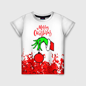 Детская футболка 3D с принтом Merry Christmas Grinch в Курске, 100% гипоаллергенный полиэфир | прямой крой, круглый вырез горловины, длина до линии бедер, чуть спущенное плечо, ткань немного тянется | 2022 | grinch | happy new year | merry christmas | год тигра | гринч | зима близко | нг | новогодний | новый год | новый год 2022 | рождество | снег | снежинки
