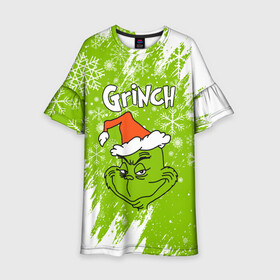 Детское платье 3D с принтом Grinch Green. в Курске, 100% полиэстер | прямой силуэт, чуть расширенный к низу. Круглая горловина, на рукавах — воланы | Тематика изображения на принте: 2022 | grinch | happy new year | merry christmas | год тигра | гринч | зима близко | нг | новогодний | новый год | новый год 2022 | рождество | снег | снежинки