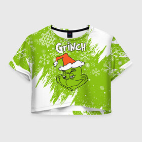 Женская футболка Crop-top 3D с принтом Grinch Green. в Курске, 100% полиэстер | круглая горловина, длина футболки до линии талии, рукава с отворотами | 2022 | grinch | happy new year | merry christmas | год тигра | гринч | зима близко | нг | новогодний | новый год | новый год 2022 | рождество | снег | снежинки