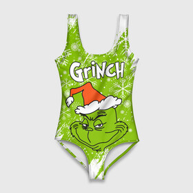 Купальник-боди 3D с принтом Grinch Green. в Курске, 82% полиэстер, 18% эластан | Круглая горловина, круглый вырез на спине | Тематика изображения на принте: 2022 | grinch | happy new year | merry christmas | год тигра | гринч | зима близко | нг | новогодний | новый год | новый год 2022 | рождество | снег | снежинки