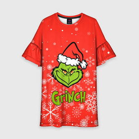 Детское платье 3D с принтом Grinch Red. в Курске, 100% полиэстер | прямой силуэт, чуть расширенный к низу. Круглая горловина, на рукавах — воланы | Тематика изображения на принте: 2022 | grinch | happy new year | merry christmas | год тигра | гринч | зима близко | нг | новогодний | новый год | новый год 2022 | рождество | снег | снежинки