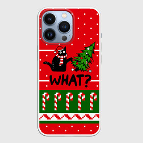 Чехол для iPhone 13 Pro с принтом WHAT | КОТИК | CAT в Курске,  |  | Тематика изображения на принте: 2020 | 2021 | 2022 | christmas | merry | what | елка | кот | леденец | нг | новогодний | новый год | паттерн | рождество | свитер | снежинки | узор | узоры | шишки