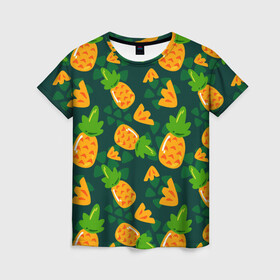 Женская футболка 3D с принтом Ананасы Много ананасов в Курске, 100% полиэфир ( синтетическое хлопкоподобное полотно) | прямой крой, круглый вырез горловины, длина до линии бедер | ананас | ананасовый | ананасы | сладость | фрукт