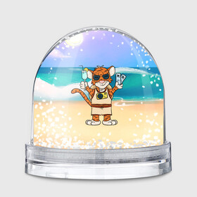 Игрушка Снежный шар с принтом Тигр в отпуске на новый год (на море) в Курске, Пластик | Изображение внутри шара печатается на глянцевой фотобумаге с двух сторон | 2022 | год тигра | новый год | новый год 2022 | символ года | тигр | тигренок | тигрица | тигры