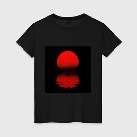 Женская футболка хлопок с принтом Boat and sunset в Курске, 100% хлопок | прямой крой, круглый вырез горловины, длина до линии бедер, слегка спущенное плечо | вода | восток | закат | красный | лодка | минимализм | природа | черный | япония