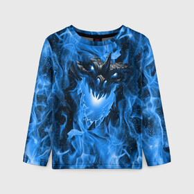 Детский лонгслив 3D с принтом Дракон в синем пламени Dragon in blue flame в Курске, 100% полиэстер | длинные рукава, круглый вырез горловины, полуприлегающий силуэт
 | Тематика изображения на принте: dragon | дракон | миф | монстр | огонь | пламя | фэнтези