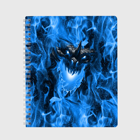 Тетрадь с принтом Дракон в синем пламени Dragon in blue flame в Курске, 100% бумага | 48 листов, плотность листов — 60 г/м2, плотность картонной обложки — 250 г/м2. Листы скреплены сбоку удобной пружинной спиралью. Уголки страниц и обложки скругленные. Цвет линий — светло-серый
 | dragon | дракон | миф | монстр | огонь | пламя | фэнтези