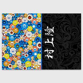 Поздравительная открытка с принтом Такаси Мураками Иероглифами в Курске, 100% бумага | плотность бумаги 280 г/м2, матовая, на обратной стороне линовка и место для марки
 | Тематика изображения на принте: japan | smile | takashi murakami | арт | восточный узор | иероглифы | искусство | красочный | разноцветные цветы | ромашки | смайл | такаси мураками | такаши мураками | узор | улыбки | цветочки | цветочный узор