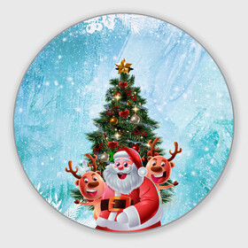 Круглый коврик для мышки с принтом Санта и олени в Курске, резина и полиэстер | круглая форма, изображение наносится на всю лицевую часть | new year | арт | графика | дед мороз | елка | зима | новый год | олени | рождество | санта